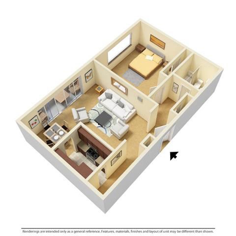 Floor plan for 1 bed, 1 bath, 750 sqft