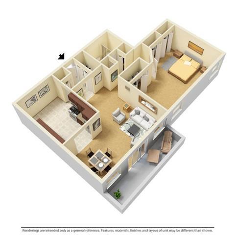 Floor plan for 1 bed, 1 bath, 840 sqft