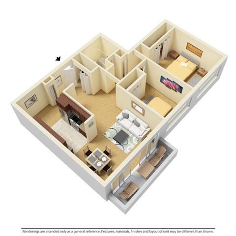 Floor plan for 2 beds, 1 bath, 940 sqft