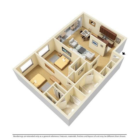 Floor plan for 2 beds, 2 baths, 1042 sqft