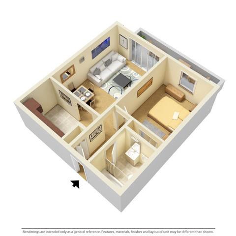 Floor plan for 1 bed, 1 bath, 520 sqft