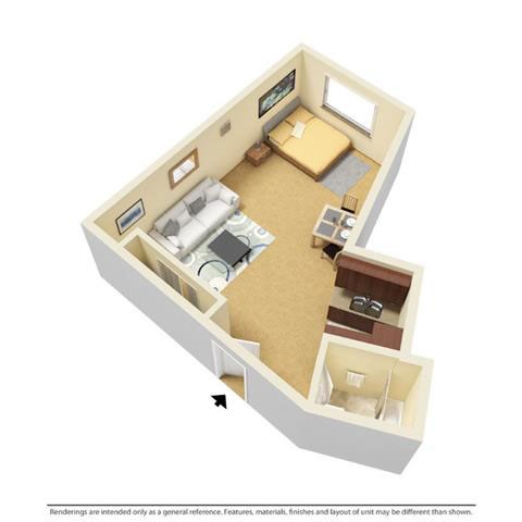 Floor plan for studio, 1 bath, 520 sqft