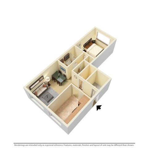 Floor plan for 1 bed, 1 bath, 650 sqft