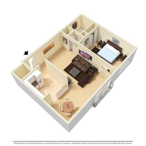 Floor plan for 1 bed, 1 bath, 840 sqft