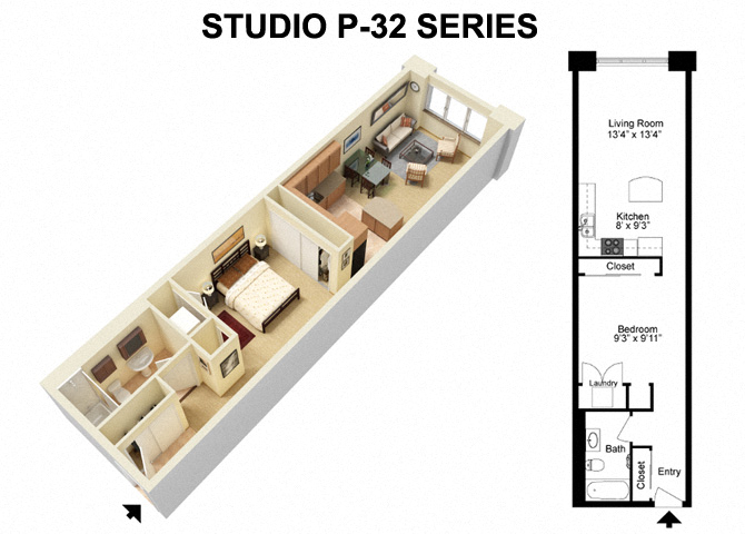 Floor plan for studio, 1 bath, 655 sqft