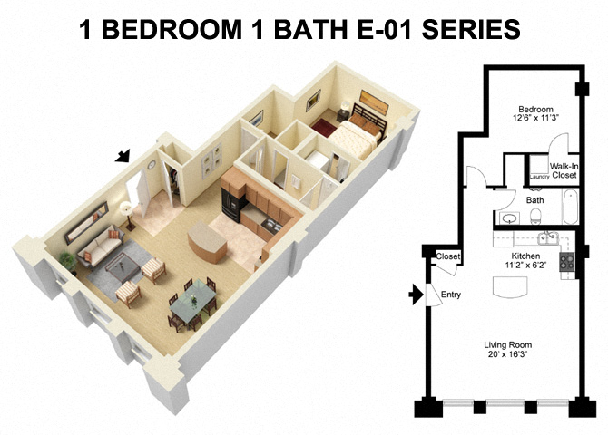 Floor plan for 1 bed, 1 bath, 965 sqft