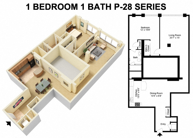 Floor plan for 1 bed, 1 bath, 1495 sqft