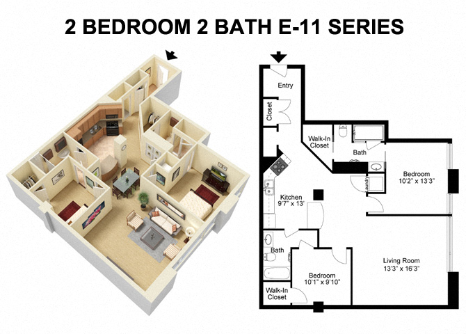 Floor plan for 2 beds, 2 baths, 1435 sqft