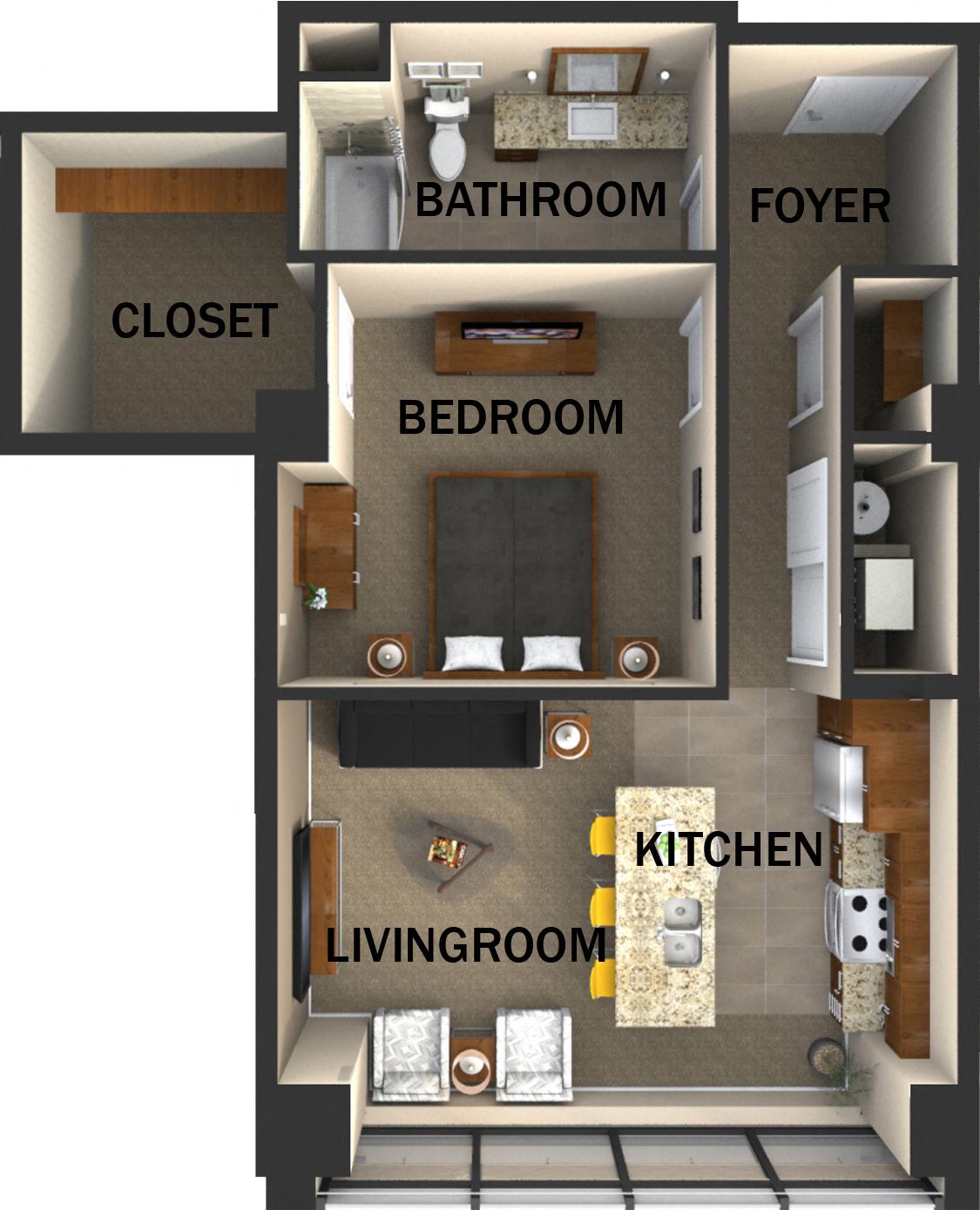 Floor plan for 1 bed, 1 bath, 740 sqft