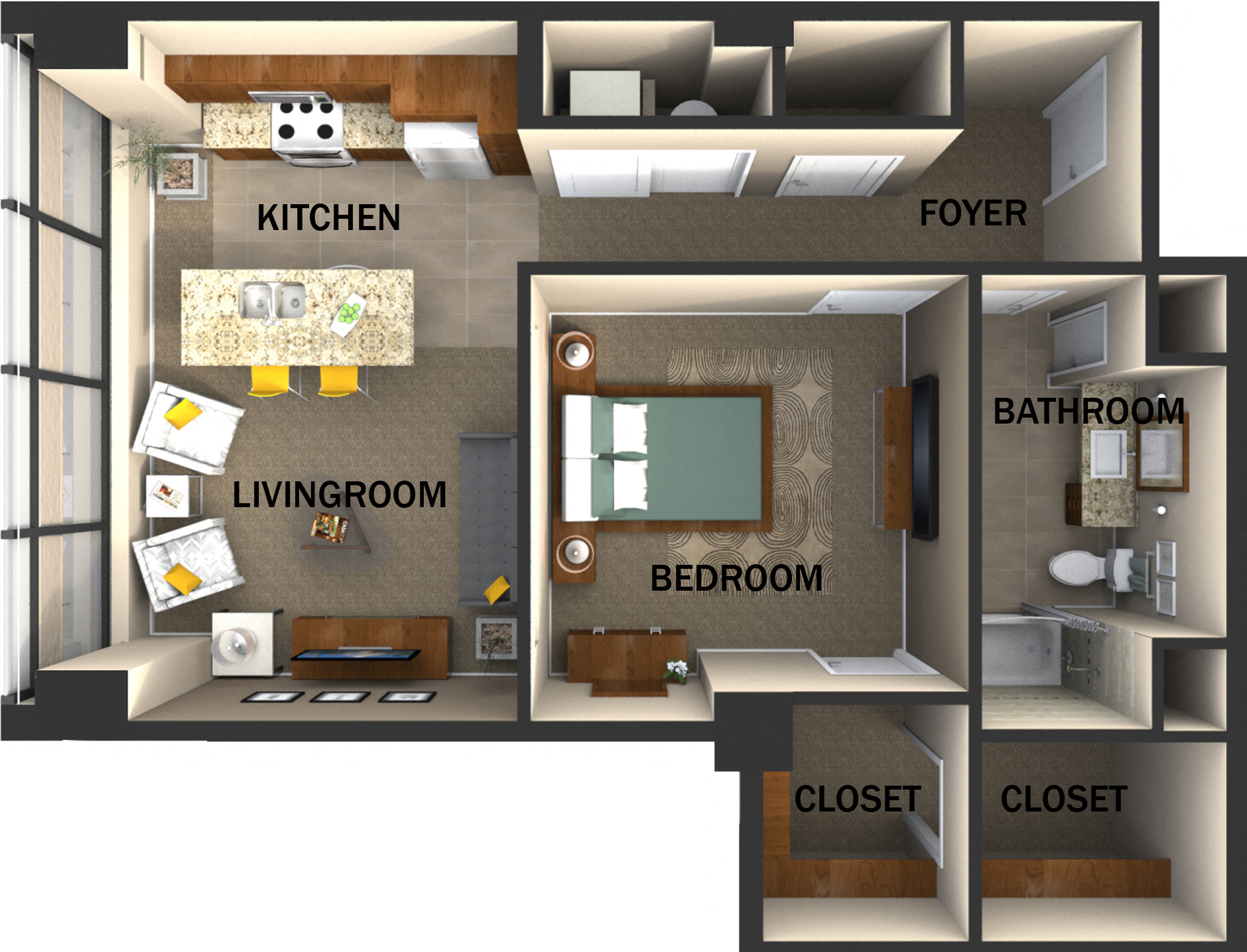 Floor plan for 1 bed, 1 bath, 785 sqft