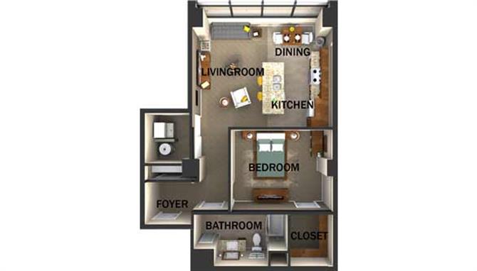 Floor plan for 1 bed, 1 bath, 800 sqft
