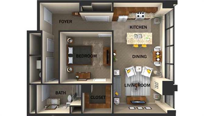 Floor plan for 1 bed, 1 bath, 915 sqft