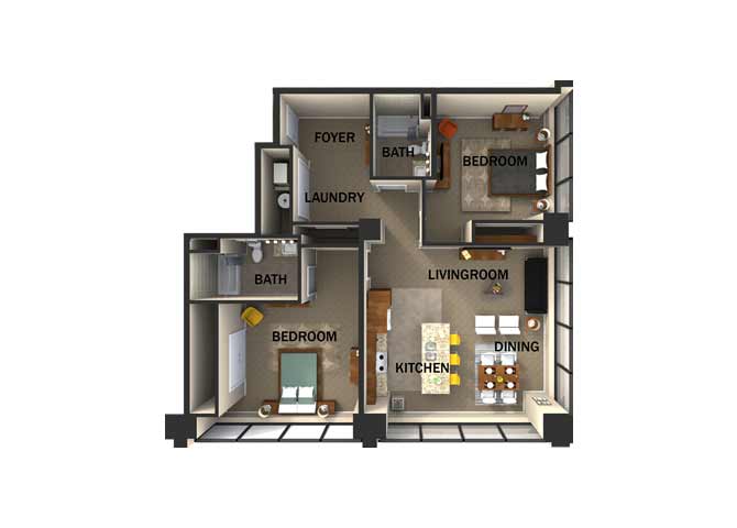 Floor plan for 2 beds, 2 baths, 1315 sqft
