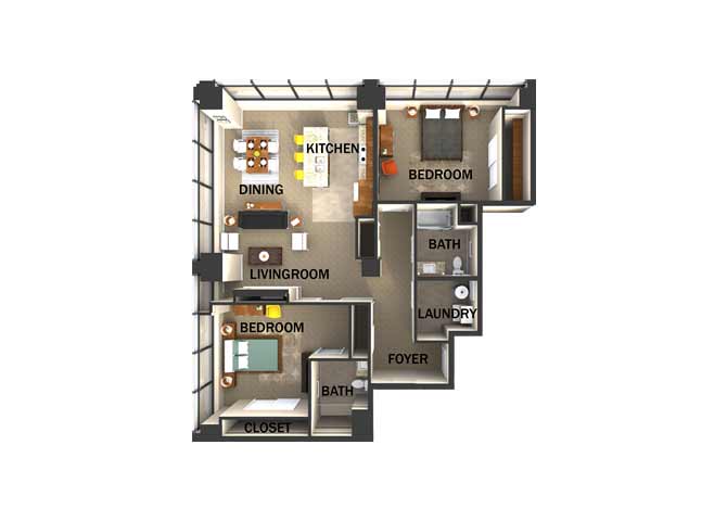 Floor plan for 2 beds, 2 baths, 1425 sqft