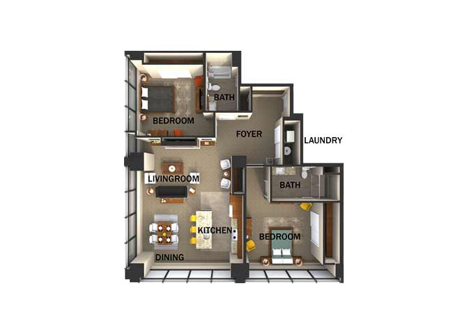 Floor plan for 2 beds, 2 baths, 1445 sqft