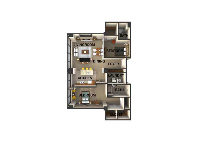 Floor plan for 2 beds, 2 baths, 1585 sqft