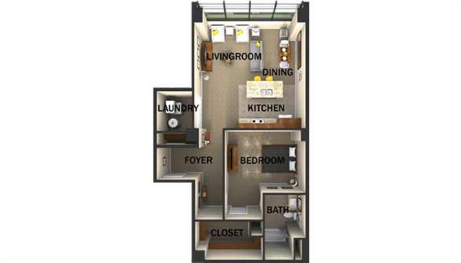 Floor plan for 1 bed, 1 bath, 945 sqft