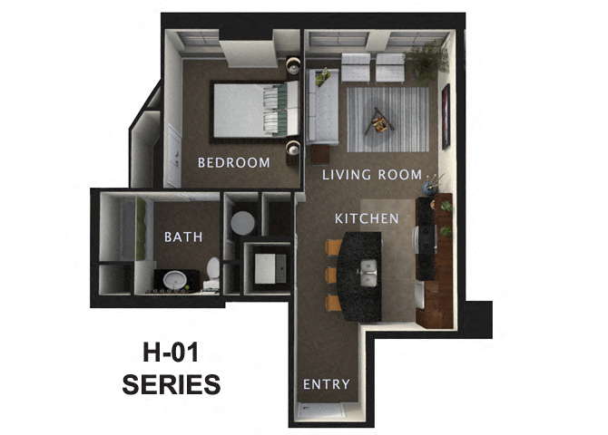 Floor plan for 1 bed, 1 bath, 725 sqft