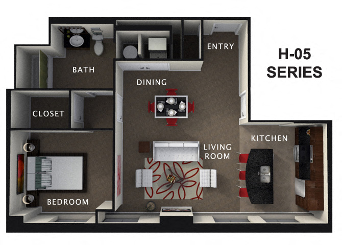Floor plan for 1 bed, 1 bath, 925 sqft