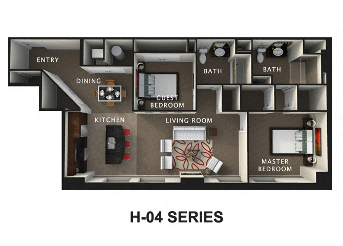 Floor plan for 2 beds, 2 baths, 1400 sqft