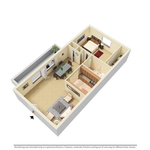Floor plan for 1 bed, 1 bath, 612 sqft