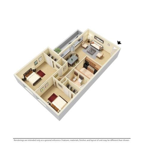 Floor plan for 2 beds, 1 bath, 1224 sqft