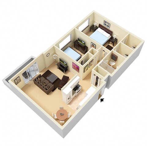 Floor plan for 2 beds, 1 bath, 840 sqft