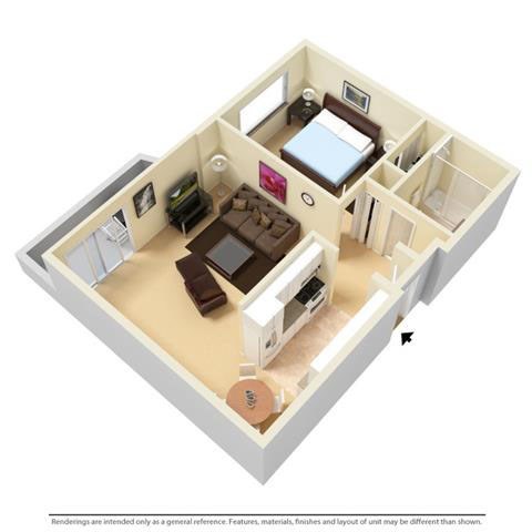 Floor plan for 1 bed, 1 bath, 633 sqft