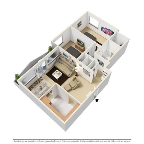 Floor plan for 2 beds, 1 bath, 850 sqft