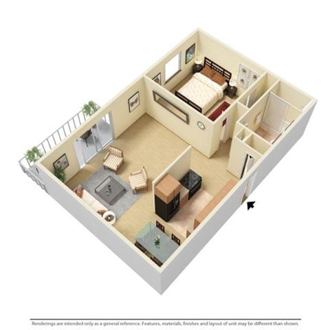 Floor plan for 1 bed, 1 bath, 601 sqft