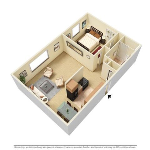 Floor plan for 1 bed, 1 bath, 601 sqft