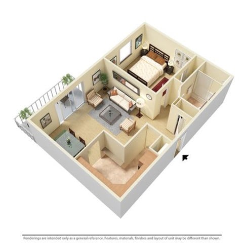 Floor plan for 1 bed, 1 bath, 601 sqft