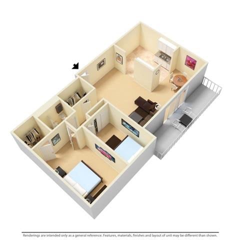 Floor plan for 2 beds, 1 bath, 1000 sqft