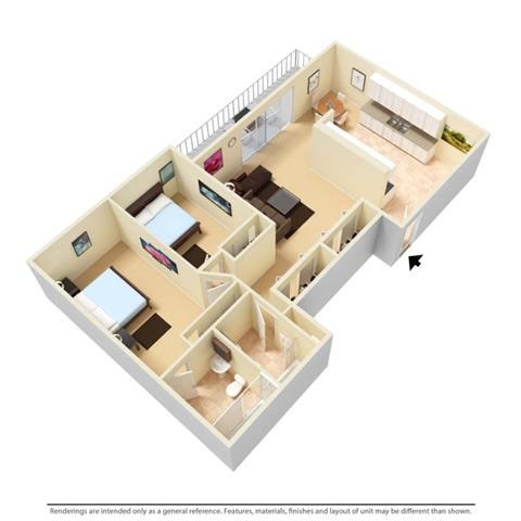Floor plan for 2 beds, 2 baths, 1000 sqft