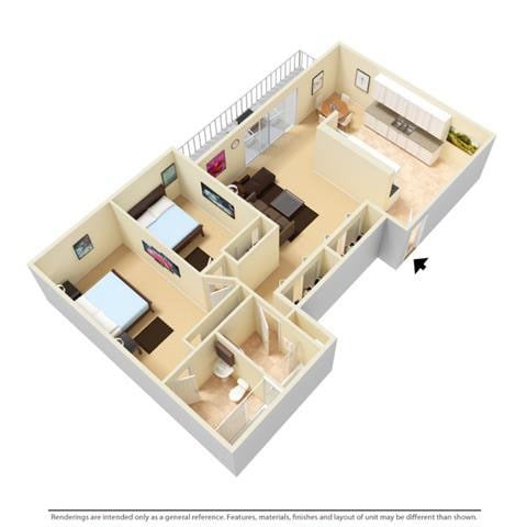 Floor plan for 2 beds, 2 baths, 1000 sqft