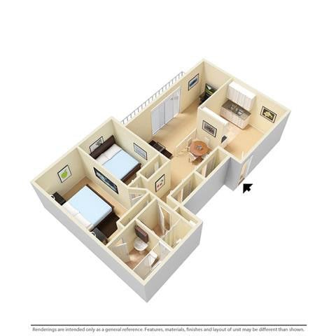 Floor plan for 2 beds, 2 baths, 1000 sqft
