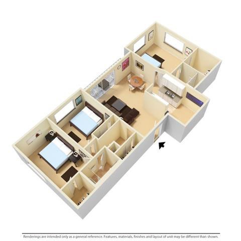 Floor plan for 3 beds, 2 baths, 1300 sqft
