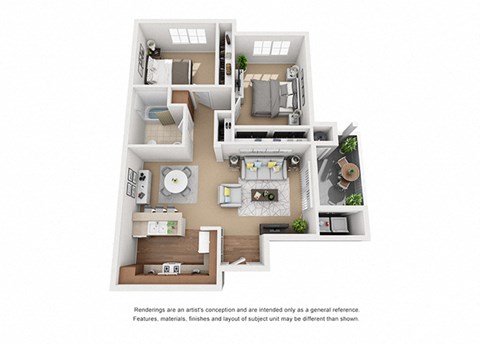 Floor plan for 2 beds, 1 bath, 878 sqft
