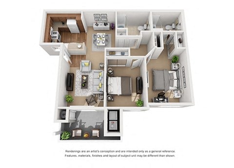 Floor plan for 2 beds, 2 baths, 907 sqft