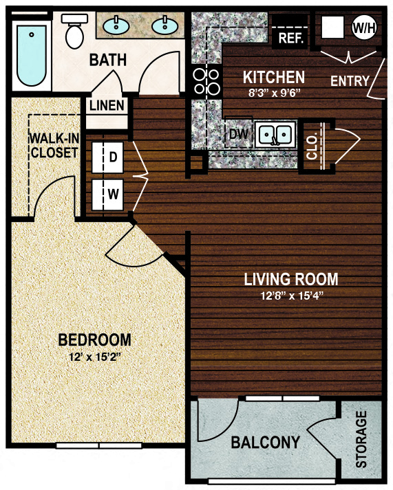 Floor plan for 1 bed, 1 bath, 783 sqft