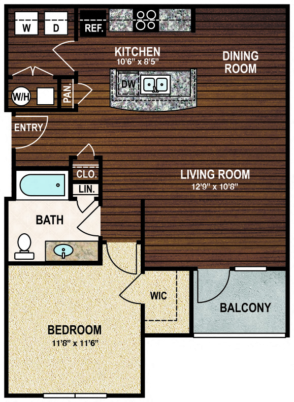 Floor plan for 1 bed, 1 bath, 832 sqft