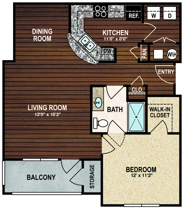 Floor plan for 1 bed, 1 bath, 847 sqft