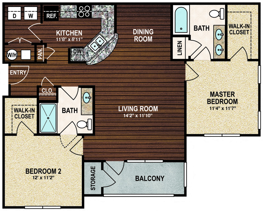 Floor plan for 2 beds, 2 baths, 1137 sqft