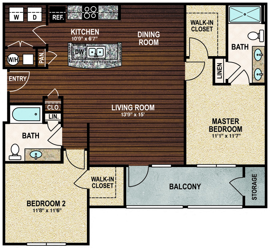Floor plan for 2 beds, 2 baths, 1163 sqft