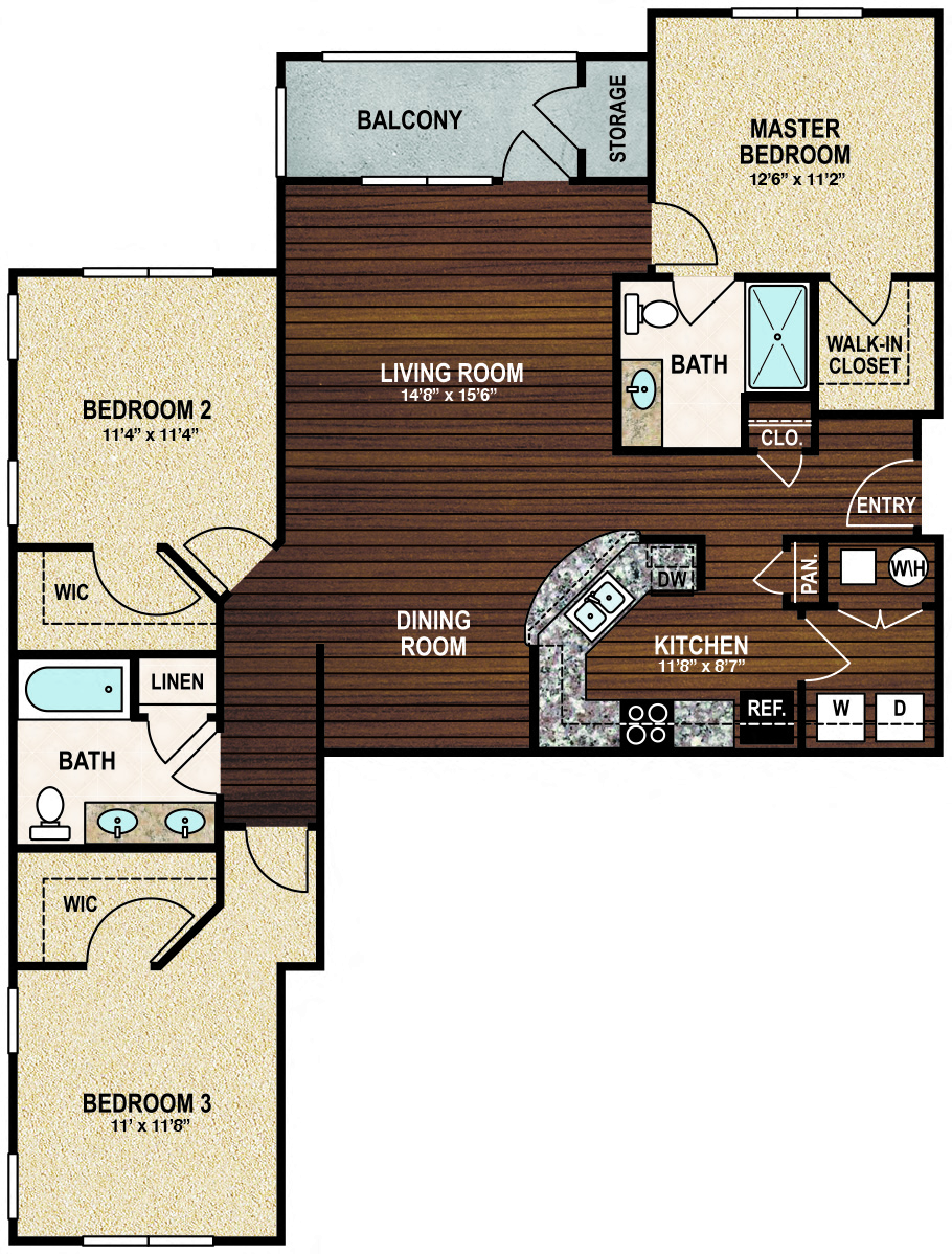 Floor plan for 3 beds, 2 baths, 1424 sqft