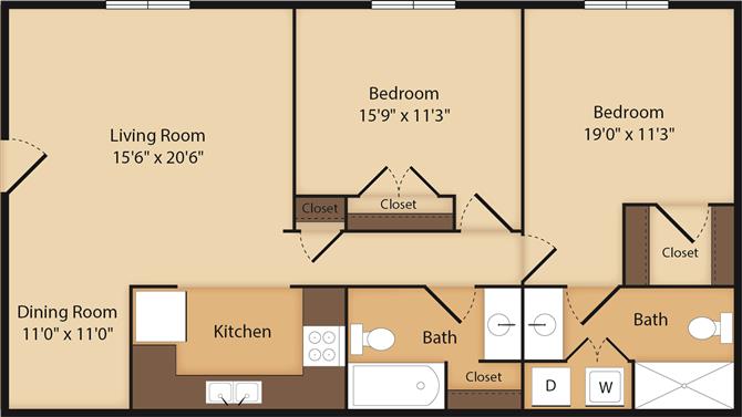 Floor plan for 2 beds, 2 baths, 1400 sqft