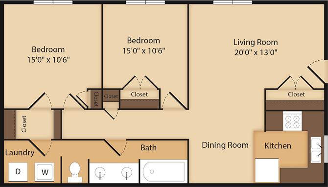 Floor plan for 2 beds, 1 bath, 1000 sqft