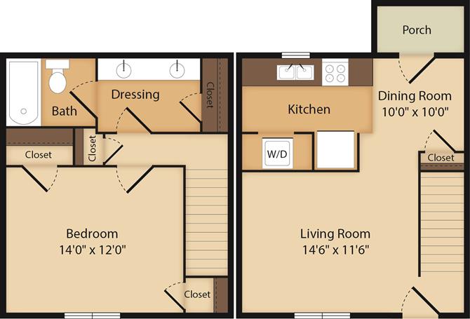 Floor plan for 1 bed, 1 bath, 1000 sqft
