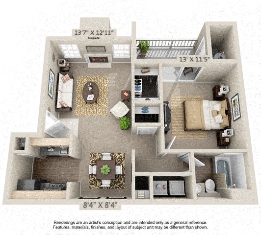 Floor plan for 1 bed, 1 bath, 793 sqft
