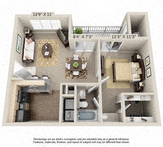 Floor plan for 1 bed, 1 bath, 839 sqft